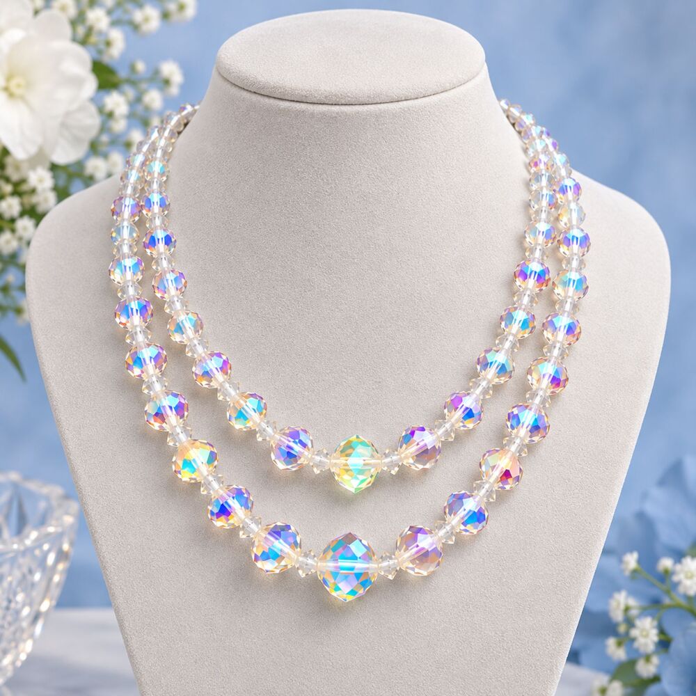 Vintage Mid Century Aurora Borealis Crystal Multi Strand Necklace